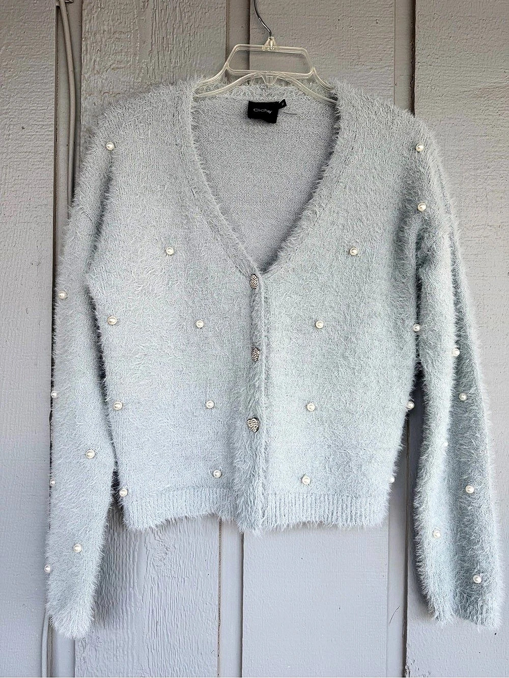 Cliche Fuzzy Pearl Button Cardigan in Blue Size Medium with pearls and heart but